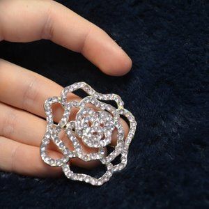 Vintage Rhinestone Brooch Rose Pin Silver plated